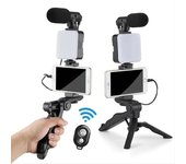 Kit de vlogging para smartphone con trípode, soporte para teléfono, mini micrófono, luz LED de relleno, para iniciar transmisiones en vivo de TikTok y YouTube. negro