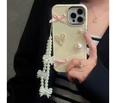 Funda protectora suave con lente chapada para Iphone 14, 13, 12, 11 Pro Max, X, Xs, Xr, pulsera con lazo y corazón de perlas, cadena y cadena For iPhone X