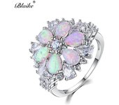 Blaike Luxury Full Stone Pink Fire Opal Flower Rings para mujeres 925 Sterling Silver Water Drop Zircon Birthstone Joyería fina 6