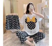 Conjunto de pijama de tres piezas para mujer, ropa de dormir con estampado para niñas, camiseta de manga corta con cuello redondo, ropa de estar por casa M amarillo