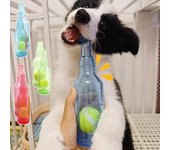 Juguete masticable para mascotas, botella de cerveza resistente a las mordeduras de TPR con pelota de tenis, juguete interactivo para masticar y chirriar los dientes de los cachorros azul