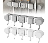 Soporte para escoba y trapeador con ganchos, estante de almacenamiento de escobas de pared, sin perforaciones, autoadhesivo, organizador de cocina, soporte multifunción blanco