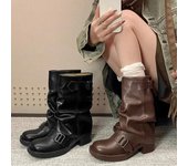 Botas de caballero con hebilla plisada para mujer, botas de media pantorrilla de cuero sintético marrón de otoño para mujer, botas de montar de tacón grueso sin cordones para mujer 2024 35 marrón