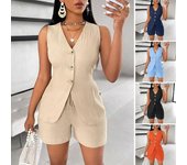 Conjuntos de Verano para Mujer de 2 Piezas Top Chaleco sin Mangas con Cuello en V Abotonado + Set de Pantalones Cortos con Cordones Traje Casual de Negocios para Dama de Oficina S negro