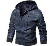Chaqueta de cuero lavada de estilo vintage con capucha de manga larga para hombre S azul