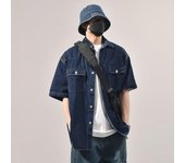 Camisa vaquera holgada de manga corta de marca de moda retro japonesa de verano, camisa de trabajo artística juvenil, chaqueta de capas para hombre y mujer M azul oscuro