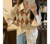 Moda de otoño para mujer, suéter a cuadros Vintage, chalecos, camisetas sin mangas para mujer, Top corto de punto, chaleco tejido sin mangas para mujer S marrón