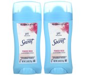 Desodorante antitranspirante Secret, pH equilibrado, sólido transparente, aroma fresco en polvo, paquete doble, 2.6 oz (73 gramos) cada