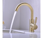 Fregadero de lavabo de oro cepillado, grifo mezclador frío y caliente, manija única con desagüe emergente, grifo de lavabo negro oro