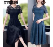 Vestido de encaje sexy para mujer, vestido de verano de manga corta de longitud media, vestido delgado de estilo femenino, vestido casual de color sólido M azul