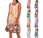 Vestidos de verano para mujer, sueltos, para vacaciones en la playa, informales, sin mangas, con bolsillos, vestido de tirantes L