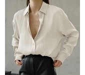 Camisa francesa Vintage de manga larga con cuello tipo Polo para mujer, blusa holgada informal de satén para mujer, Tops sencillos de moda de otoño con temperamento para mujer 29372 S azul