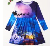 Vestido de princesa para niña, informal, con estampado de casa de nieve en 3D, cuello redondo y manga larga 110 púrpura