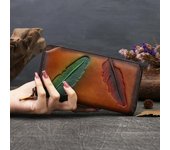 Bolsos de mano con diseño vintage y estampado de plumas para mujer, carteras de piel auténtica con cremallera, bolsos de moda para teléfono, carteras 19.5cm*10cm*2.5cm verde