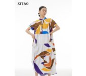 XITAO Vestido Suelto Con Pliegues Estampado Vestido De Temperamento De Moda Casual DMJ1050 One Size blanco
