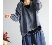 Camisetas Vintage de lino de otoño para mujer, camisetas de Color sólido con cuello redondo, Jersey informal holgado de manga completa, camiseta para mujer One Size color rosa
