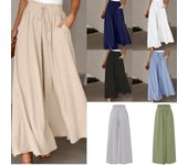 Pantalones de color sólido para mujer Cinturón elástico Pierna ancha Cintura alta Culottes largos XXL blanco