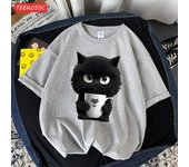 Camiseta con estampado de un lindo gato negro que sostiene una taza, transpirable, agradable para la piel, de manga corta, ropa de moda Harajuku, camiseta cómoda y suave S
