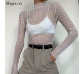 Camiseta fina transparente ajustada para mujer, camisetas sexys de manga larga Y2K elegantes, ropa de calle de moda de otoño 2022, camisetas, ropa 21979 S blanco