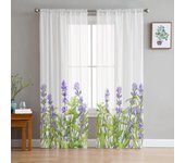Cortinas transparentes de tul y organza con diseño de plantas, lavanda, flores, color morado y blanco, para decoración de sala de estar, cocina W135 x H115cm x1&Rod Pocket