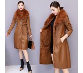 Chaqueta de cuero para mujer, abrigo de invierno para mujer con cuello de piel de zorro, abrigo cálido y delgado de talla grande L negro