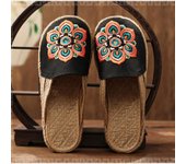 Zapatillas de verano para mujer, bordadas, planas, retro, con flores, hechas a mano, sin espalda, de lino, tejidas, mocasines de pescador, zapatillas tipo mule bordadas 36 negro
