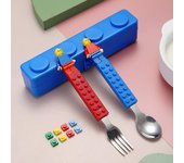 Juego divertido de cuchara y tenedor de acero inoxidable, juguetes de bloques de construcción, vajilla de acero de dibujos animados, rompecabezas de juguete de almacenamiento portátil