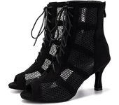 Zapatos de baile negros para mujer, botas altas para salón, salsa, tango, zapatos de niña, moda para fiesta, malla recortada 35 negro