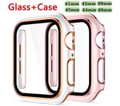 Vidrio templado 2 en 1 + funda para Apple Watch Series 7 41 mm 45 mm iWatch Series SE 6 5 4 3 2 1 38 mm 40 mm 42 mm 44 mm Marco de parachoques completo Accesorios para relojes 38mm color rosa