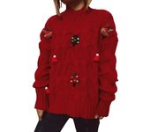 Suéter de punto con cuello redondo holgado y navideño de moda para mujer otoño e invierno L rojo