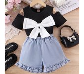 Traje informal de verano para niñas, moda infantil, top de manga corta con lazo y hombros descubiertos, pantalones cortos de encaje vaquero 3Y negro