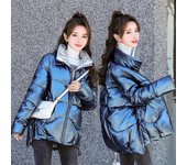 Chaqueta acolchada de plumón corta brillante para mujer, chaqueta acolchada con cuello levantado, chaqueta holgada, chaqueta acolchada de Color sólido para invierno S azul