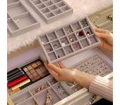 Bandeja de terciopelo para joyas, organizador de collares apilable, caja de almacenamiento de anillos suave, exhibición de joyas 2 gris