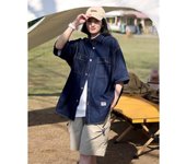 Camisa vaquera holgada de manga corta de marca de moda retro japonesa de verano, camisa de trabajo artística juvenil, chaqueta de capas para hombre y mujer M azul oscuro