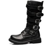 Botas de moto de cuero de moda para hombre, botas de combate de media pantorrilla, botas punk con cinturón gótico, zapatos para hombre, botas para hombre 37 negro