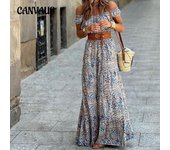 Vestido de verano para mujer, moda, cuello redondo, manga corta, vestidos bohemios S azul