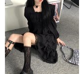 Vestido de fiesta de princesa para niñas, estilo grunge, con mangas largas y fruncido, estilo gótico con volantes S negro