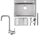 Fregadero de cocina de acero inoxidable de 60 x 45 cm, escurridor y grifo mezclador extraíble cepillado