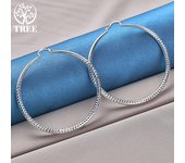 Pendiente de aro de grano de 70 mm con círculo grande de plata de ley 925