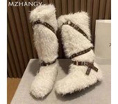 Botas altas planas de piel para mujer, zapatos de invierno de diseñador hasta la rodilla, tendencia de moda 2025, botas de moto cortas de felpa cálidas para la nieve para mujer 35 beige