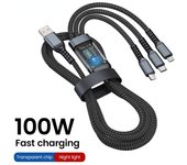 Cable de carga rápida 3 en 1 de 100 W y 1,2 m, cable USB tipo C para iPhone, Realme, Samsung, Huawei 50 Pro, cable de carga Micro USB C Lightning negro