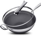 Sartén Wok de acero inoxidable para saltear con tapa, sartén antiadherente de 13  con mango que se mantiene fresco, sin PFOA, adecuado 34cm