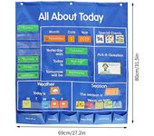 Gráfico de bolsillo para el aula escolar con fecha, mes, año, semana, temporada, tarjetas de eventos meteorológicos, enseñanza para profesores azul