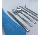 Juego de 7 piezas de vajilla portátil de acero inoxidable con estampado, cuchara, tenedor, cuchillo para carne, juego de cubiertos de viaje, vajilla con bolsa negro