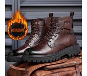 Botas de nieve para hombre de cuero de vaca Vintage de diseñador de alta calidad, botas de negocios de cuero genuino para hombre, botas con cordones para motocicleta al aire libre 38