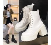 Botas de mujer con cordones y tacón grueso y punta redonda, botas cortas con plataforma impermeables y tacón alto para mujer, botas pequeñas retro cómodas de cuero suave 35
