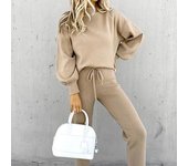 Conjunto de 2 piezas de pantalones y parte superior para mujer, sudadera de color liso con cuello alto y mangas largas, cintura elástica con cordón, pantalones holgados, atuendo deportivo para otoño y primavera 2XL café