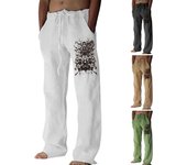 Pantalones de lino de algodón de color sólido ocasionales sueltos de los hombres pantalones rectos impresos con lazo elástico XL caqui