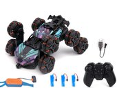 Coche de control remoto Drift, rotación de 360 grados, coche de acrobacias con rociador, 8 ruedas, luces, música, 3 baterías 1 Battery púrpura/azul