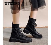 Botas de mujer, zapatos de cuero, botines con plataformas para mujer, Botas gruesas con cordones a la moda, botines negros para mujer 40 negro